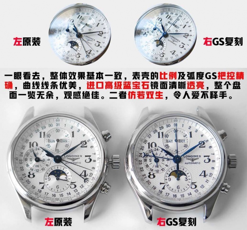 GS浪琴名匠月相腕表表盘真假对比